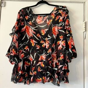 Diane Von Furstenburg Benedetta Floral Silk Top Chiffon Tiered Ruffle 12 Red